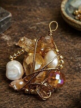 Wire Wrapped Gold Tone Faux Pearl Crystal Shell Mixed Media Necklace Pendant EUC
